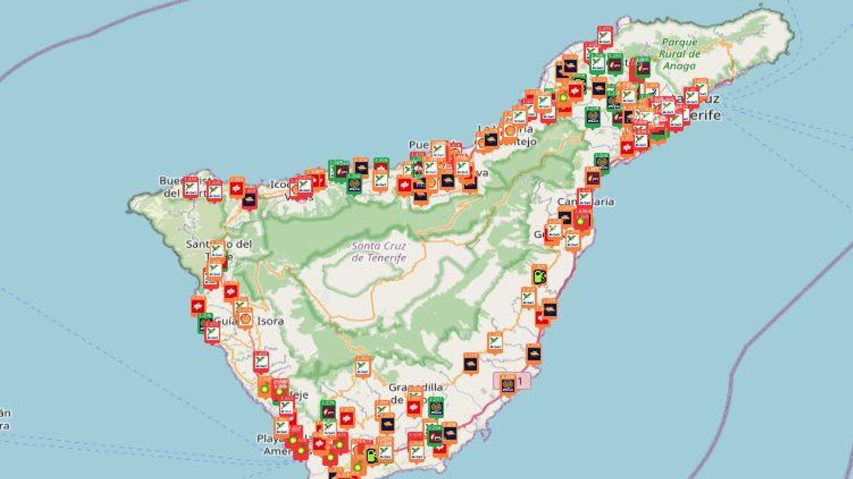 Mapas con las gasolineras de Tenerife (verdes, las más baratas, y rojas, las más caras).