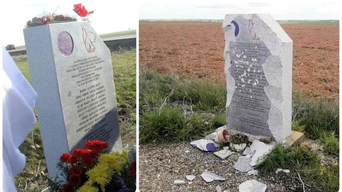 Monolito en homenaje a bañezanos represaliados en la Guerra Civil en Izagre, a la izquierda tras su inauguración en abril de 2010 y a la derecha tras ser atacado en mayo de 2019. 