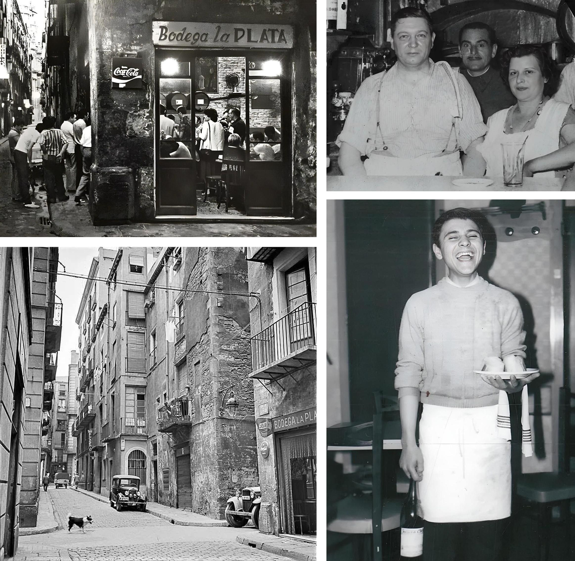 Imágenes históricas del bar La Plata. Arriba, los fundadores Pepito y Quimeta. Abajo, un adolescente Pepe Domínguez cuando entró a trabajar al bar