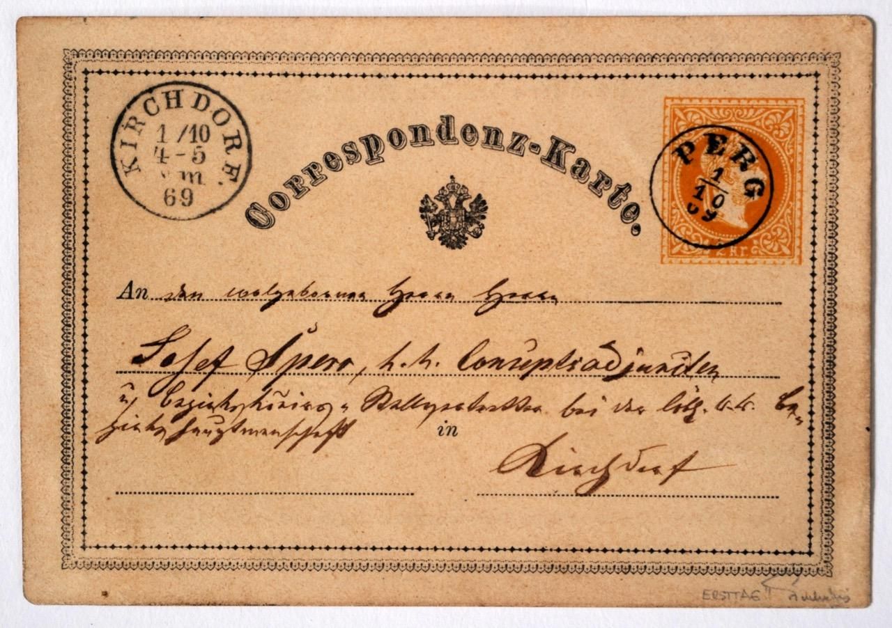 La primera postal enviada de la historia. Con fecha de 1 de octubre de 1869 y enviada desde la localidad austriaca de Perg. © Museum für Kommunikation Berlin.