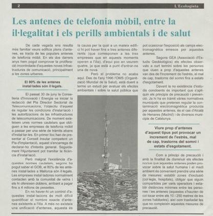 Article publicat pel GOB a la seva revista 'L'ecologista' (any 2000) sobre la proliferació d'antenes de telefonia mòbil i el seu impacte ambiental