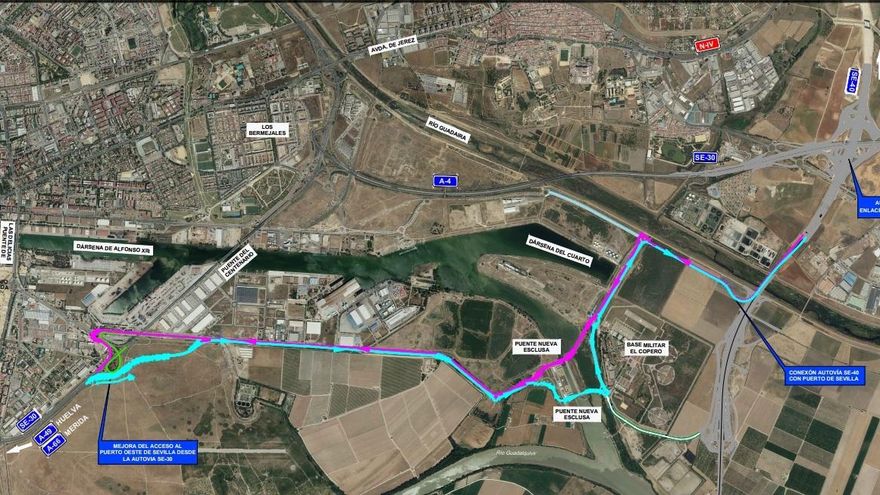 Así queda el tráfico en la zona del Puerto de Sevilla como consecuencia de las obras de sustitución de los tirantes del Puente del Centenario.