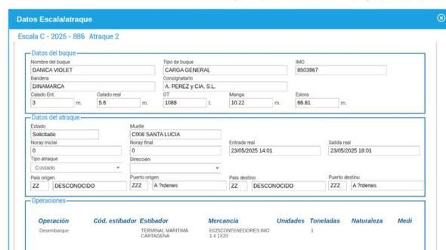Datos sobre la escala prevista en Cartagena del Danica Violet, de la propia web del puerto, en la que se especifica la categoría de la carga: IMO 1.4