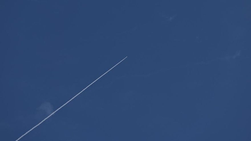A trail of Iron dome interception of a missile in the sky over the Mediterranean city of Haifa, Israel, 28 February 2026.