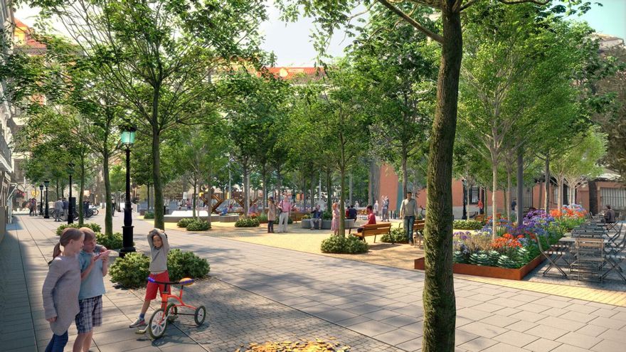 Gran reforma para refrescar la plaza del Rastrillo, la más cálida de Madrid: fuente central, sombras y decenas de árboles