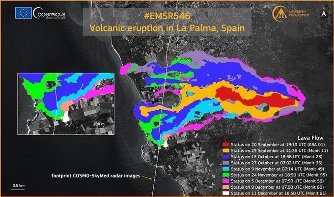 Avance de las coladas del volcán de La Palma hasta el 11 de diciembre. / FOTO: COPERNICUS