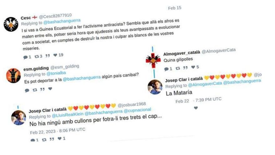 Ejemplos de tuits racistas recogidos por la CUP