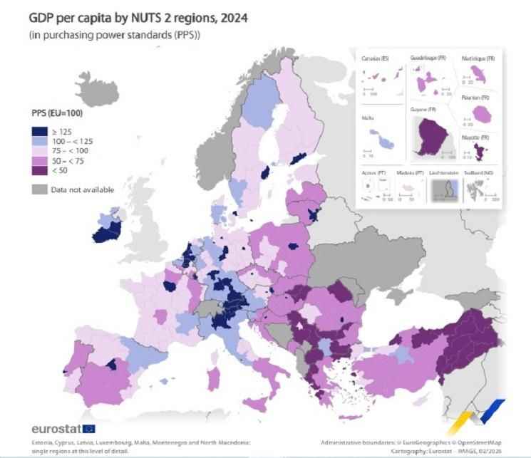 PIB per cápita de las regiones de la UE (NUTS 2) en paridad de poder adquisitivo (PPA) y según media comunitaria = 100). Fuente: Eurostat (UE).