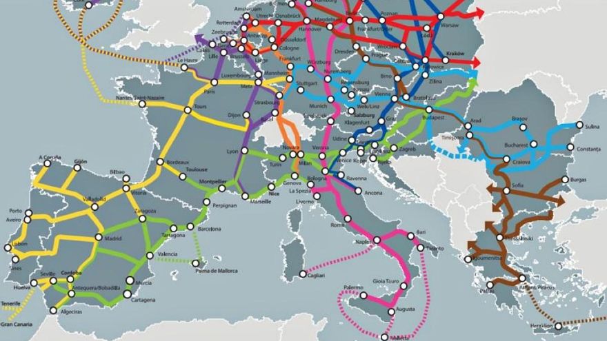 Mapa oficial de los corredores europeos, en el oeste y en color amarillo el Atlántico, que incluye hasta Canarias.