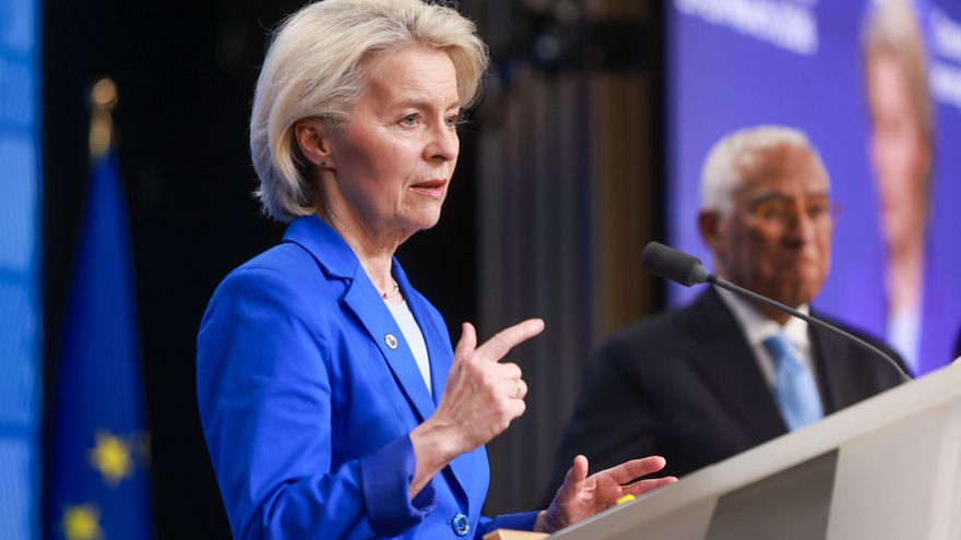 La presidenta de la Comisión Europea, Ursula von der Leyen (izquierda), habla mientras el presidente del Consejo Europeo, Antonio Costa (derecha), escucha durante una rueda de prensa al término de una reunión formal de los miembros del Consejo Europeo en Bruselas, Bélgica, el 20 de marzo de 2026. EFE/EPA/Olivier Hoslet