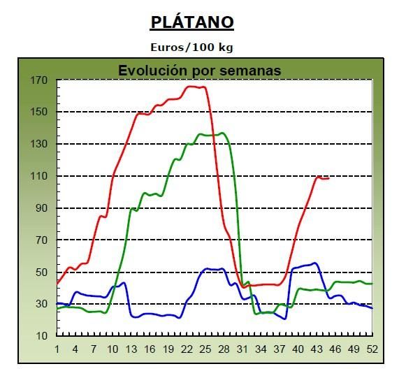 Evolución de los precios medios percibidos por el platanero canario en 2023 (marca azul), 2024 (verde) y 2025 (roja, hasta la semana 45). Fuente: MAPA.