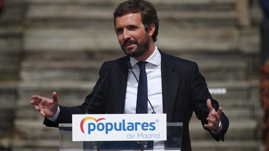 El líder del PP, Pablo Casado, interviene en la presentación de la candidatura del PP de Madrid para las elecciones a la Asamblea de Madrid en el Auditorio del Parque Lineal del Manzanares, en Madrid (España) a 31 de marzo de 2021. El plazo de presentació