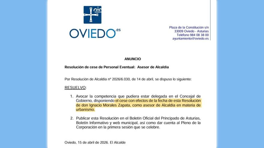 El alcalde de Oviedo cesa de forma fulminante a su asesor en Urbanismo tras una denuncia interna por irregularidades