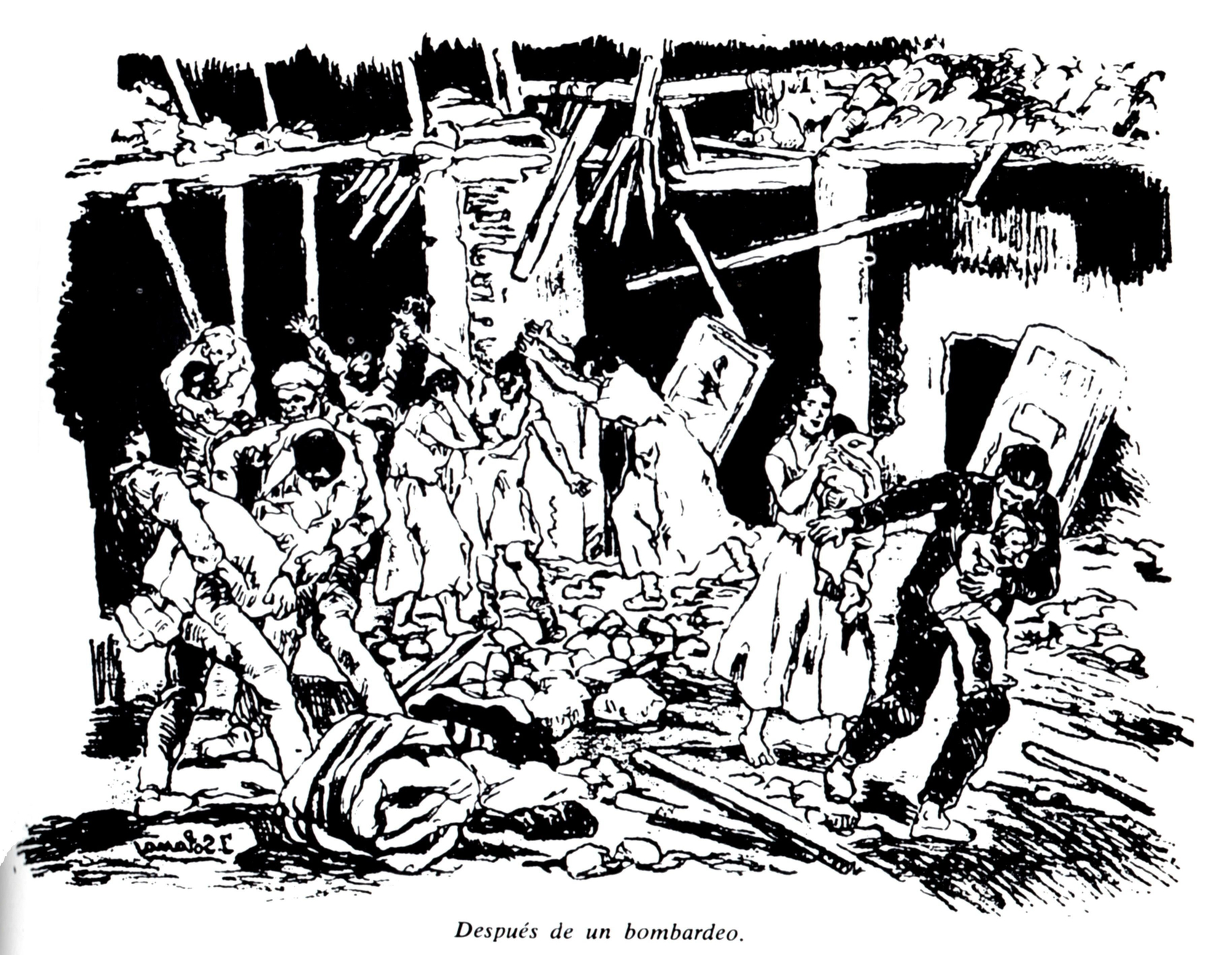'Después de un bombardeo', litografía de José Gutiérrez Solana publicada en el número 2 de los Cuadernos de la Casa de Cultura en 1937.
