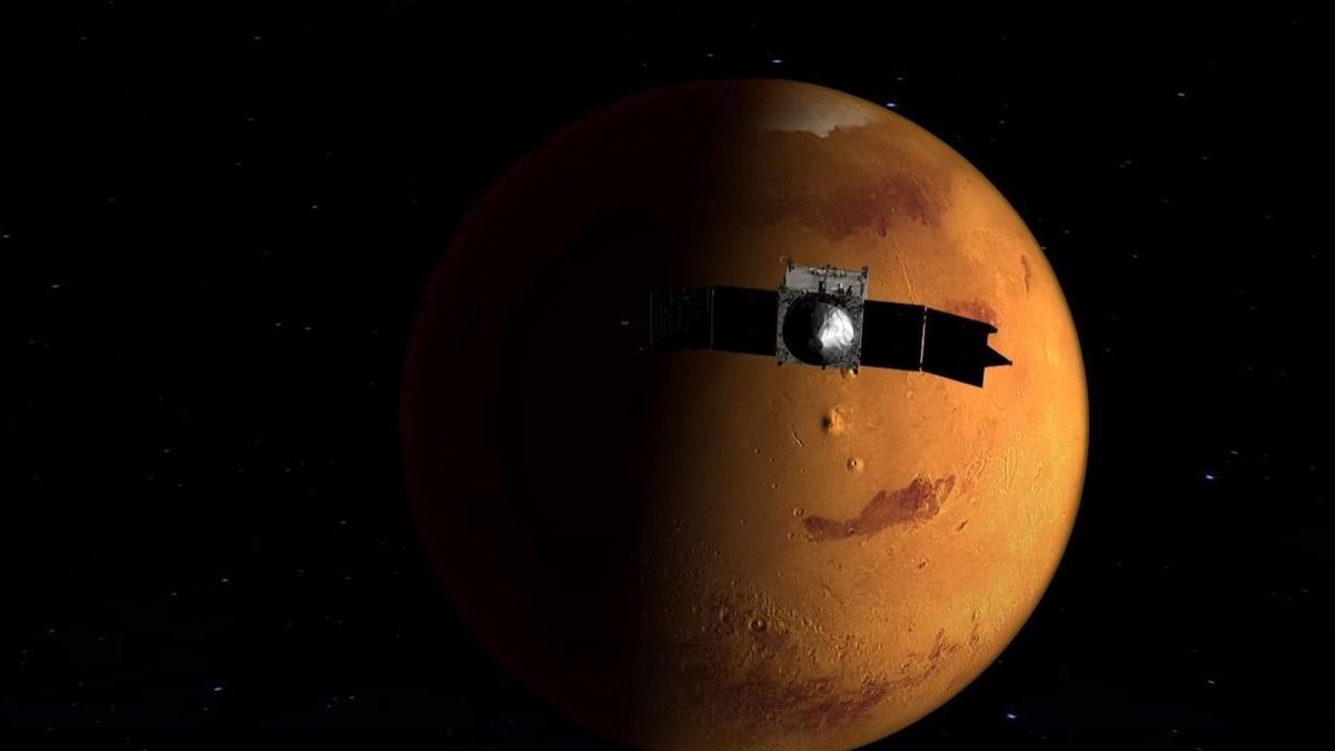 Ilustración artística del orbitador MAVEN de la NASA en Marte