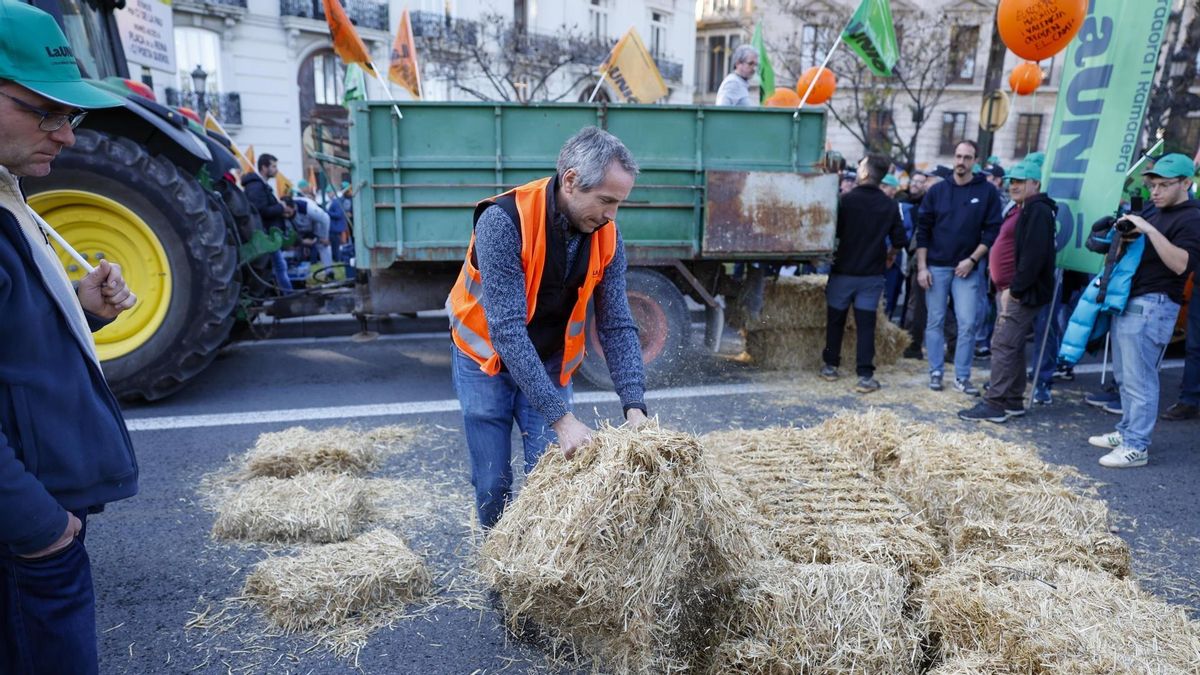 Un momento de la manifestación-tractorada reivindicativa a su llegada a la Delegación del Gobierno que celebra la Unió Llauradora i Ramadera bajo el lema “Comisión Europea, Gobierno de España y Generalitat ahogan al campo valenciano”.