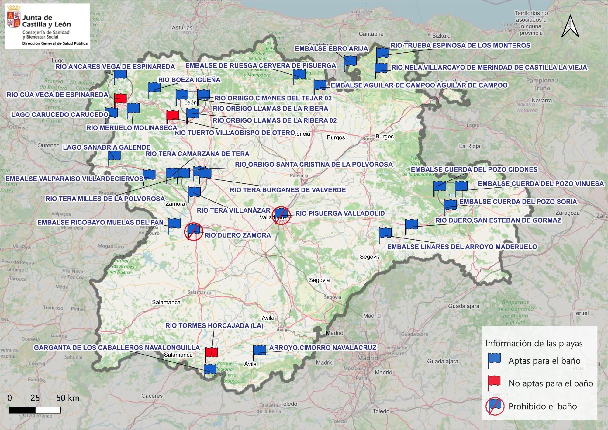 Mapa del estado de las zonas de baño oficiales de la Junta de Castilla y León del 19 al 26 de junio.