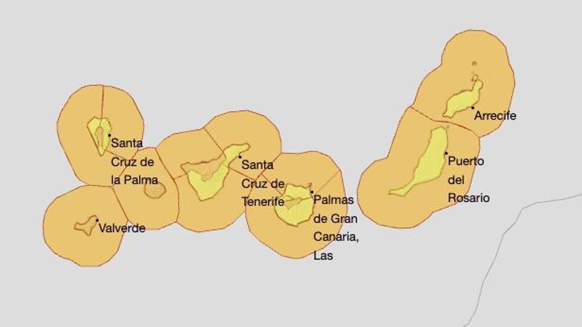 Mapa de la Aemet de los avisos por nevada, lluvia, viento, tormentas y fenómenos costeros el sábado.
