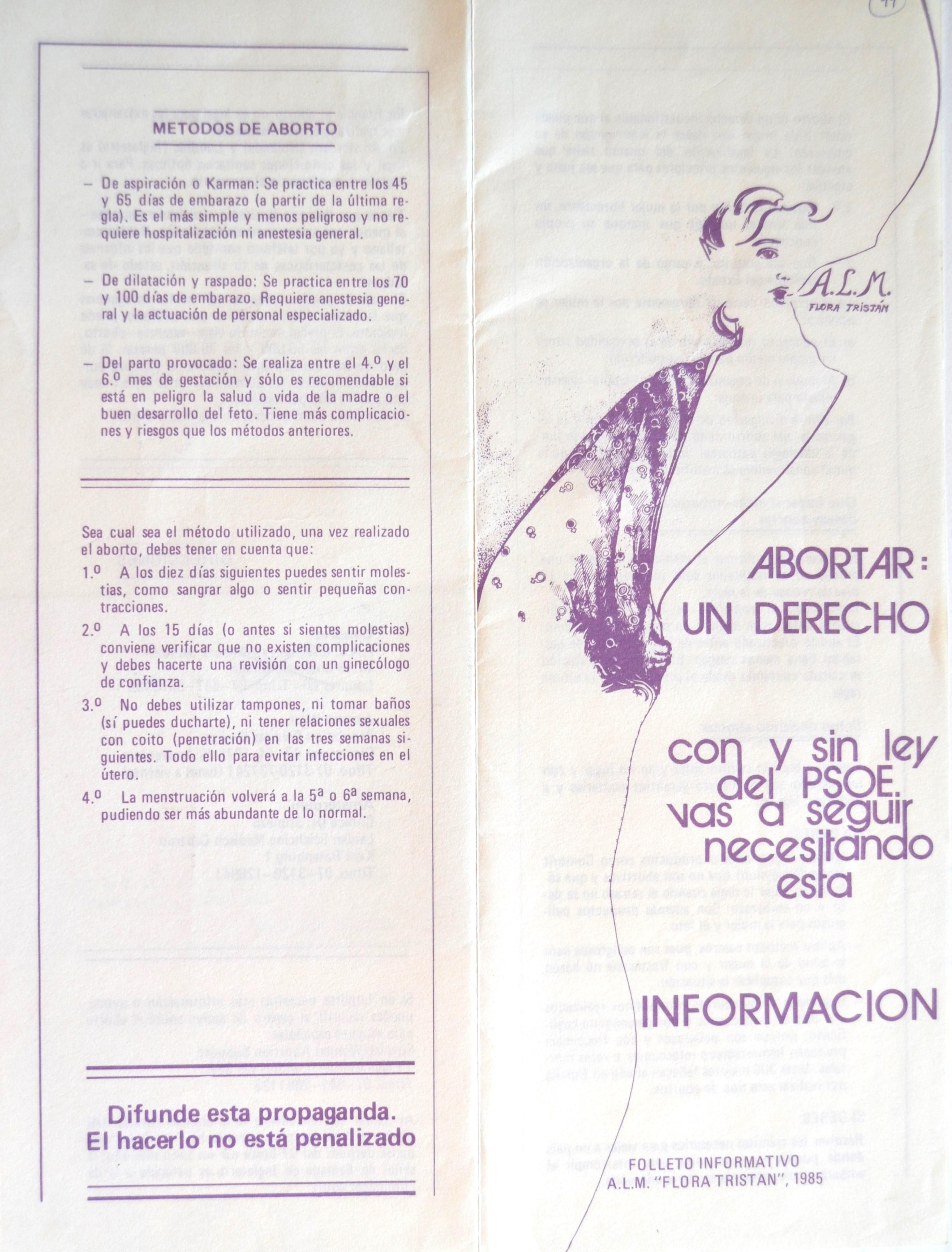 Folleto informativo sobre el aborto de la asociación Flora Tristán en el año 1985.