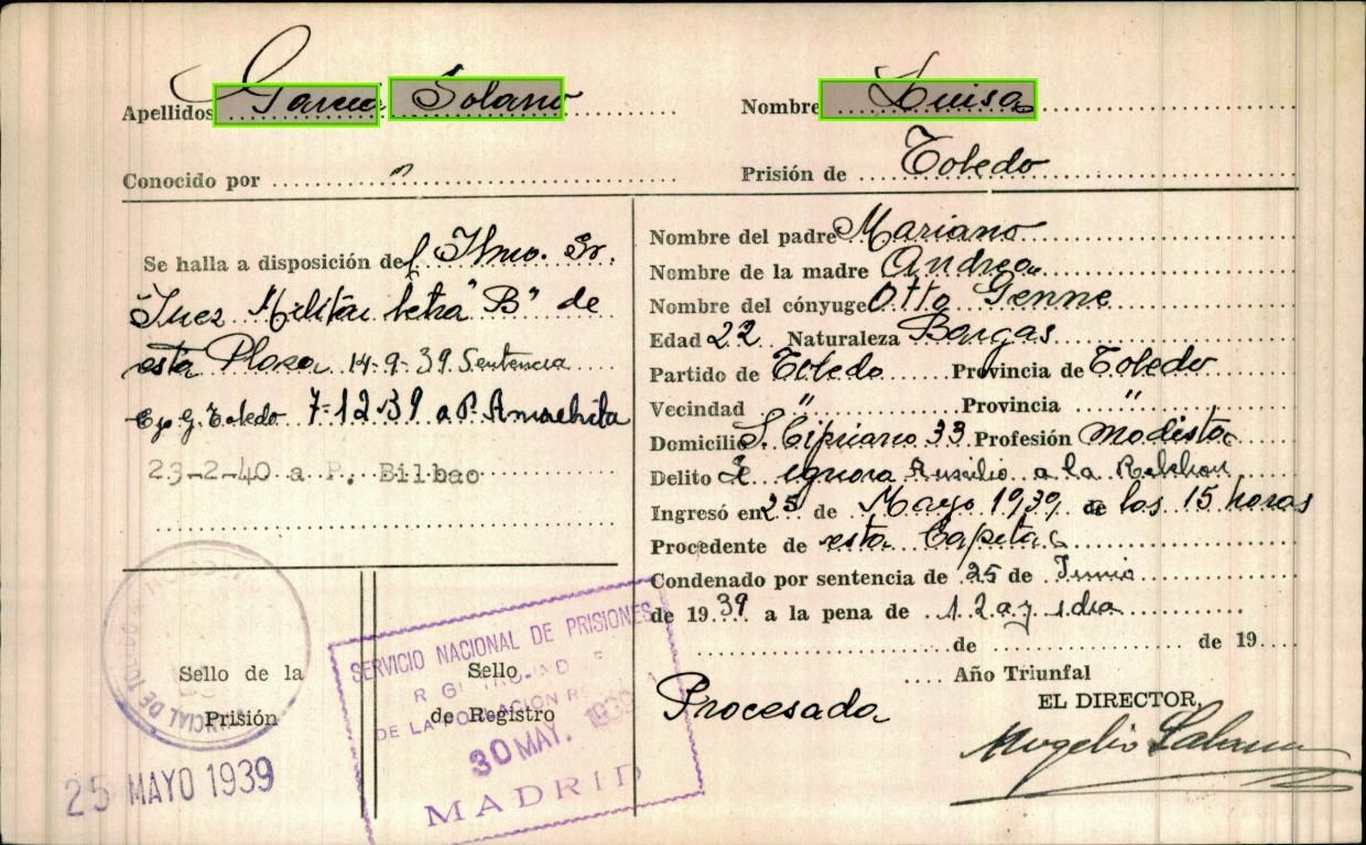 Ficha penitenciaria de Luisa García Solano a su entrada en la prisión de Toledo