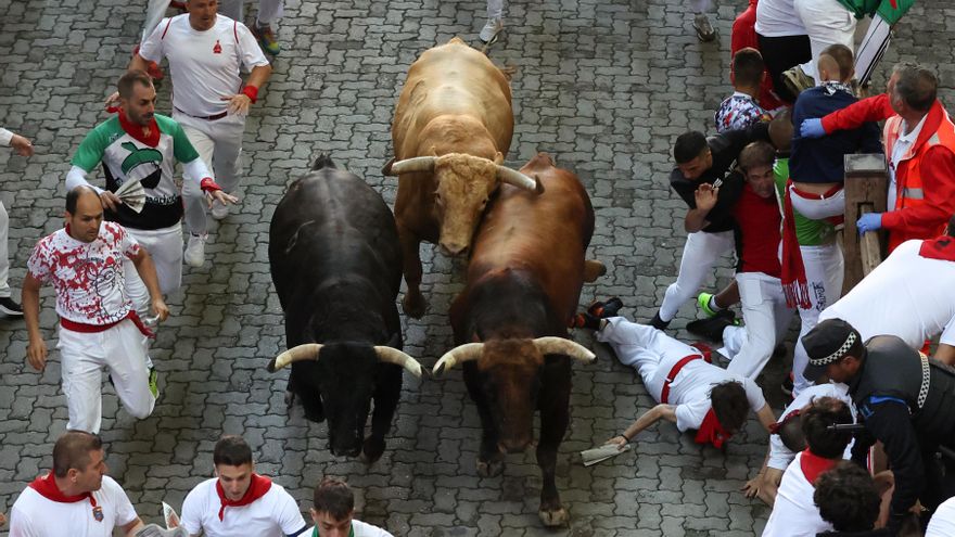 Los toros de la ganadería gaditana Núñez del Cuvillo en el tramo del callejón, antes de entrar en la Plaza de Toros, durante el primer encierro de los Sanfermines 2022. EFE/J.P. Urdiroz