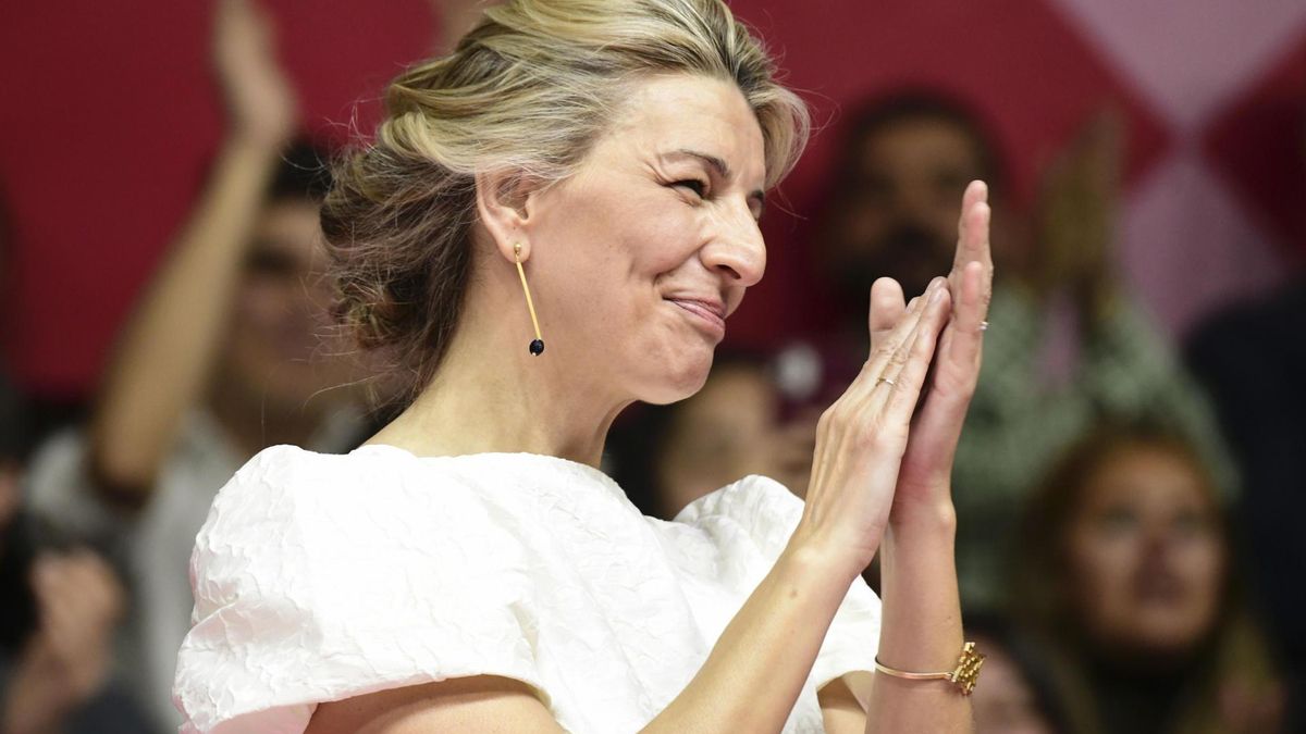 La vicepresidenta segunda del Gobierno, Yolanda Díaz durante la presentación este domingo de su candidatura de Sumar a las elecciones generales en el polideportivo Magariños de Madrid.