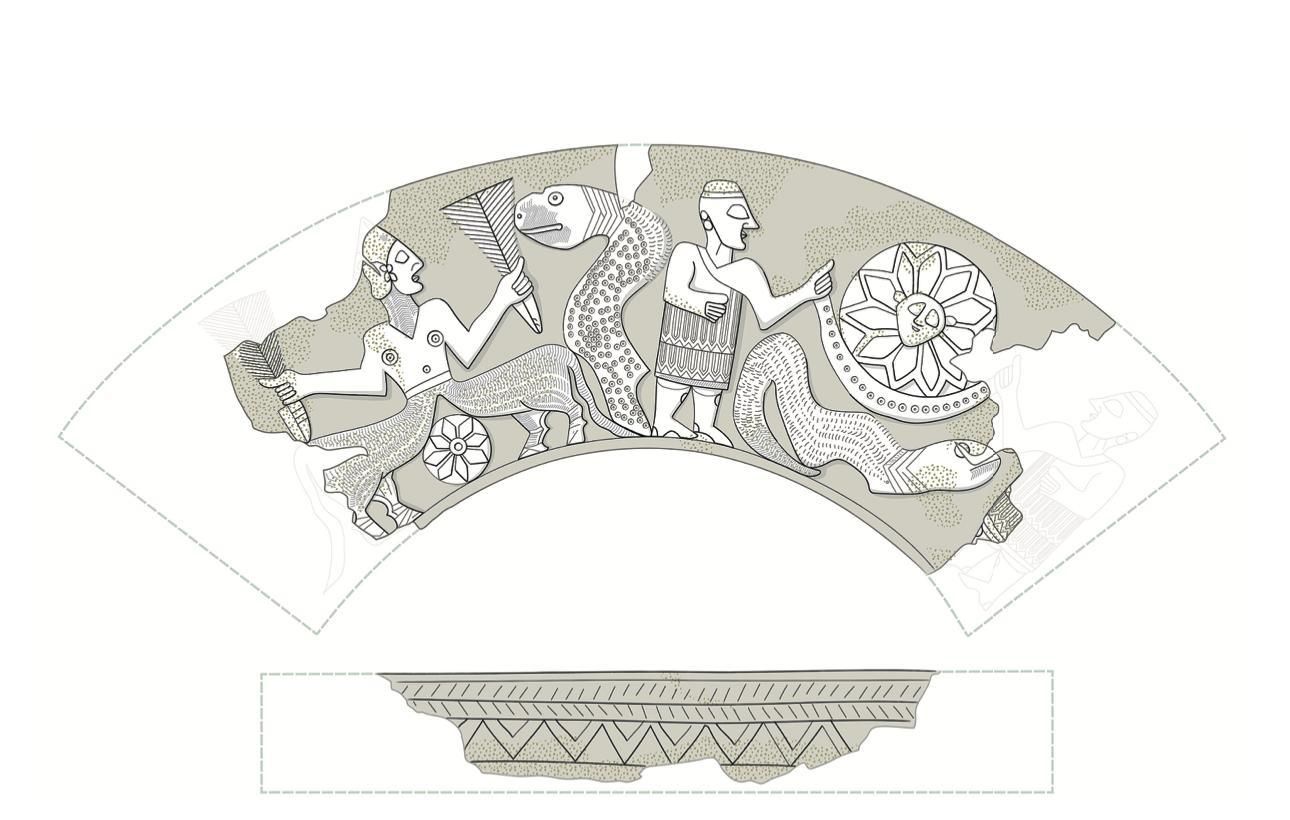 Una representación recién dibujada y corregida de las escenas representadas en la copa de Ain Samiya (Luwian Studies nº 5037).
