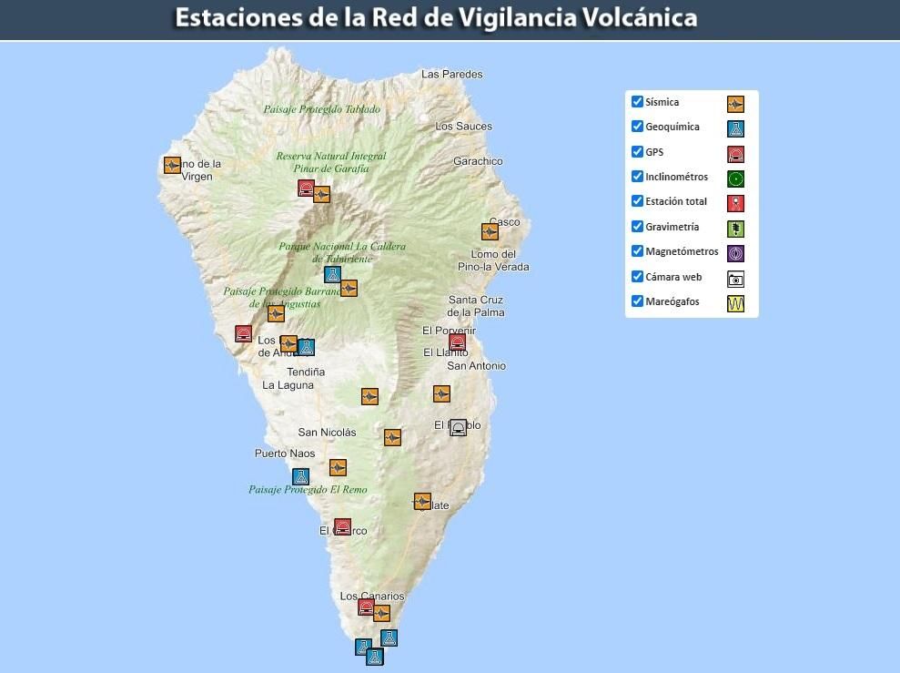 Estaciones de la Red de Vigilancia Volcánica de La Palma.