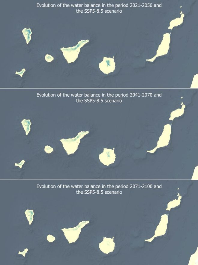 Evolución del balance hídrico natural en Canarias si nos adentramos en el escenario climático más pesimista, en el que Gran Canaria perdería sus reservas y El Hierro hasta el 75%