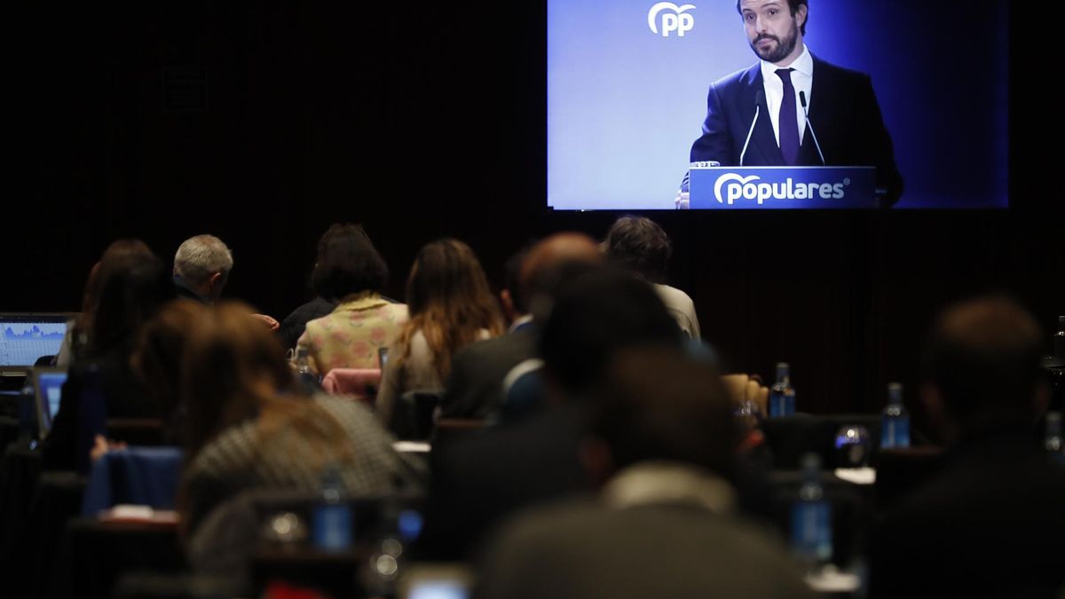 El líder del Partido Popular, Pablo Casado durante su intervención en la Junta Directiva Nacional del Partido Popular este martes en Madrid.
