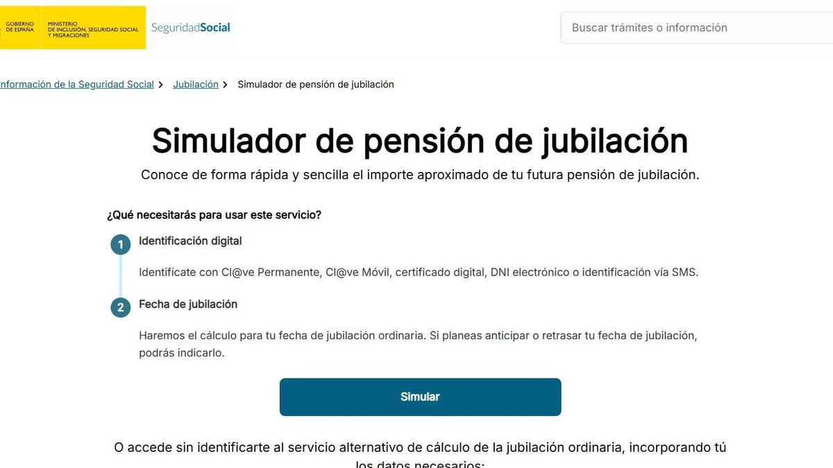 Calculadora de la Seguridad Social para simular la pensión de jubilación.