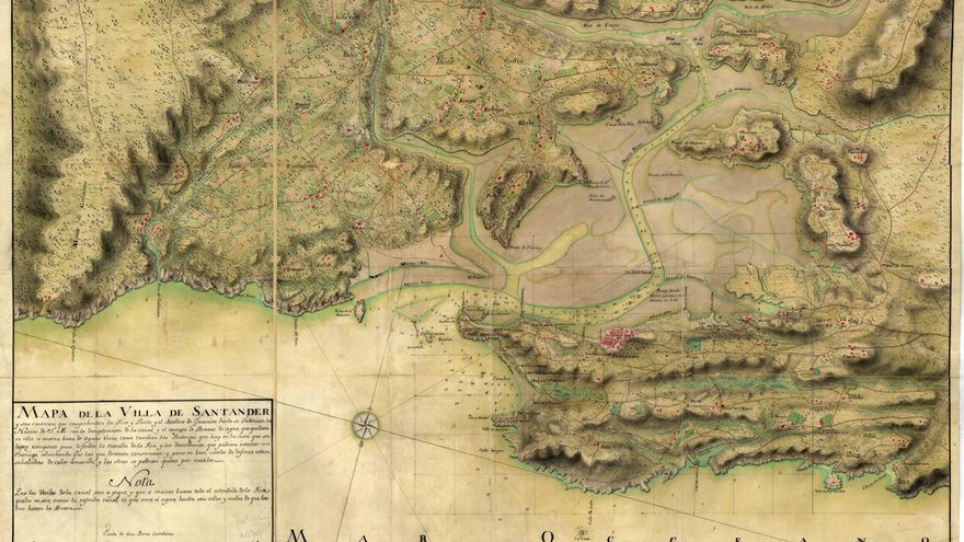 Santander y su bahía en un mapa del siglo XVIII.