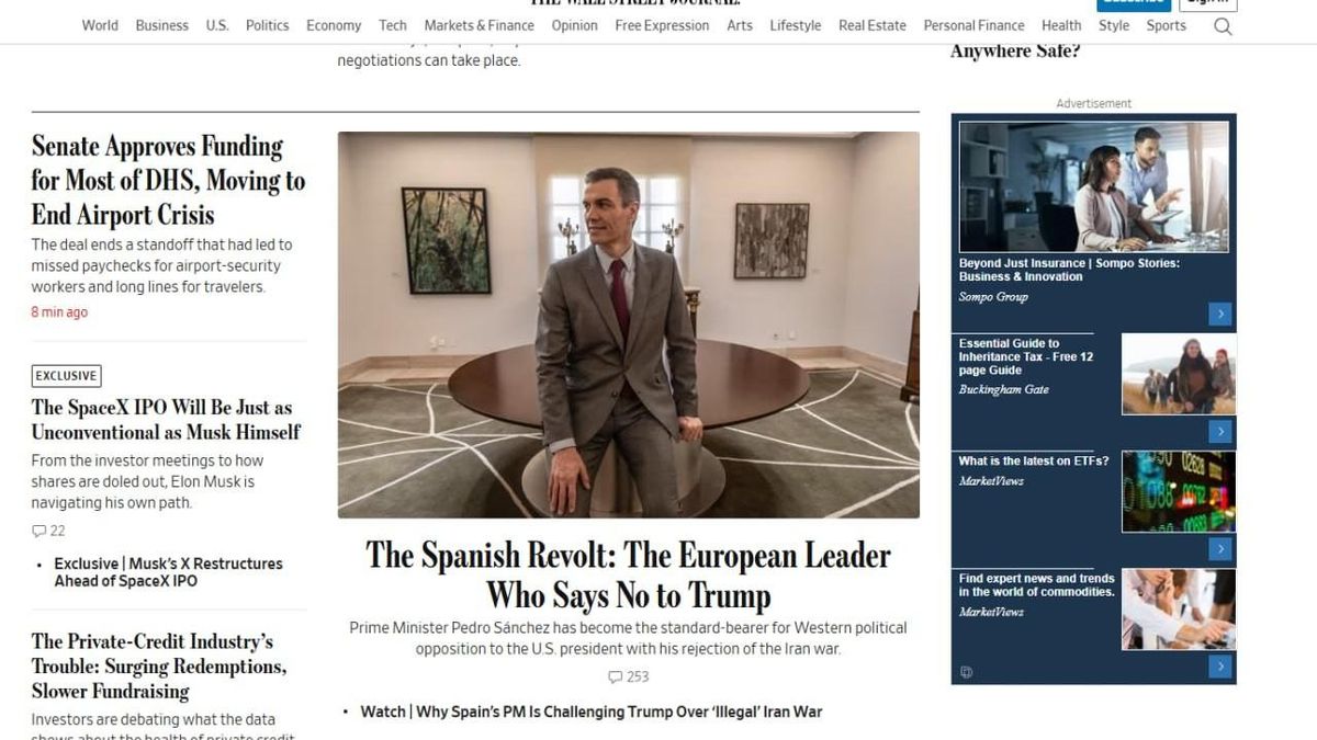 Captura de pantalla de la portada digital del Wall Street Journal del viernes 27 de marzo de 2026 con un reportaje sobre Pedro Sánchez.