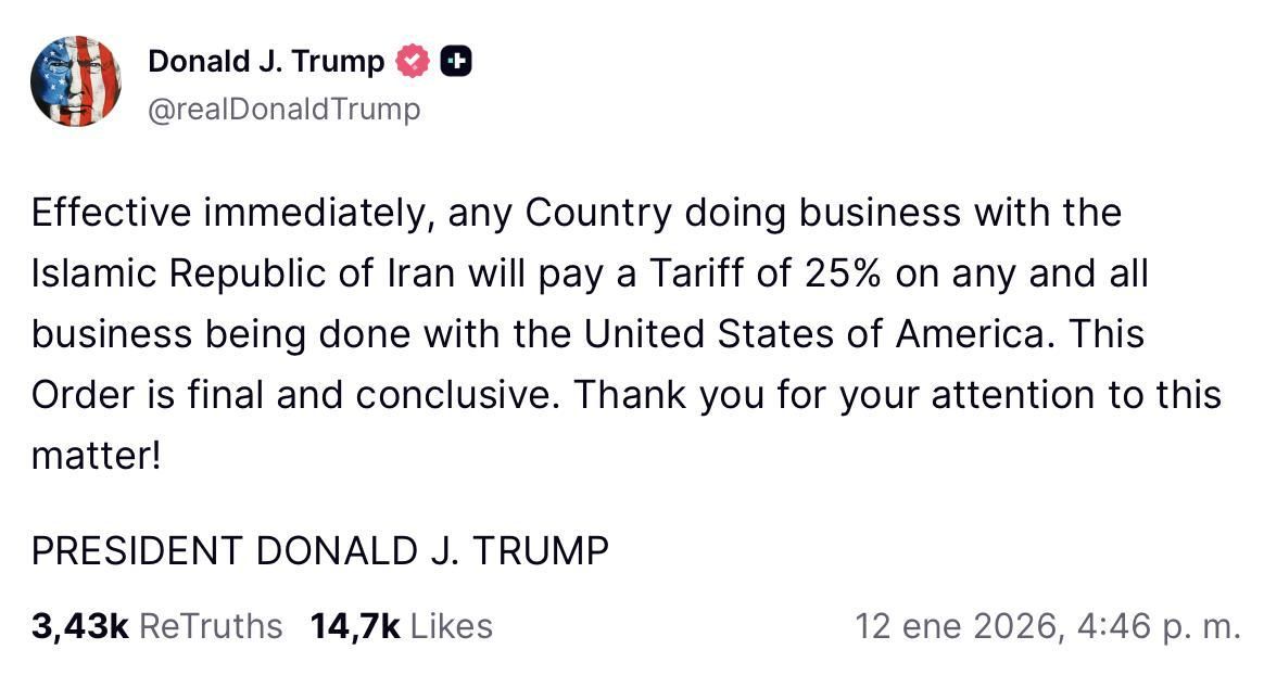 Truth Social de Trump sobre los aranceles a los socios comerciales de Irán.