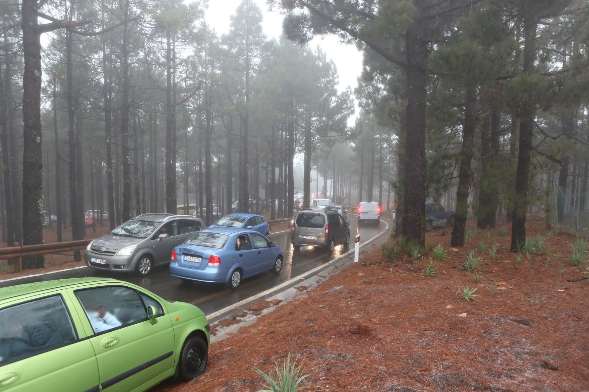 Decenas de personas se acercan a ver la nieve que cubre las cumbres de Gran Canaria.