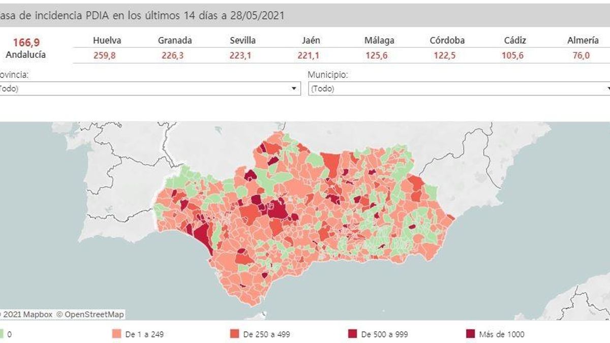 Mapa de Andalucía con nivel de incidencia de Covid-19 por municipios a 28 de mayo de 2021