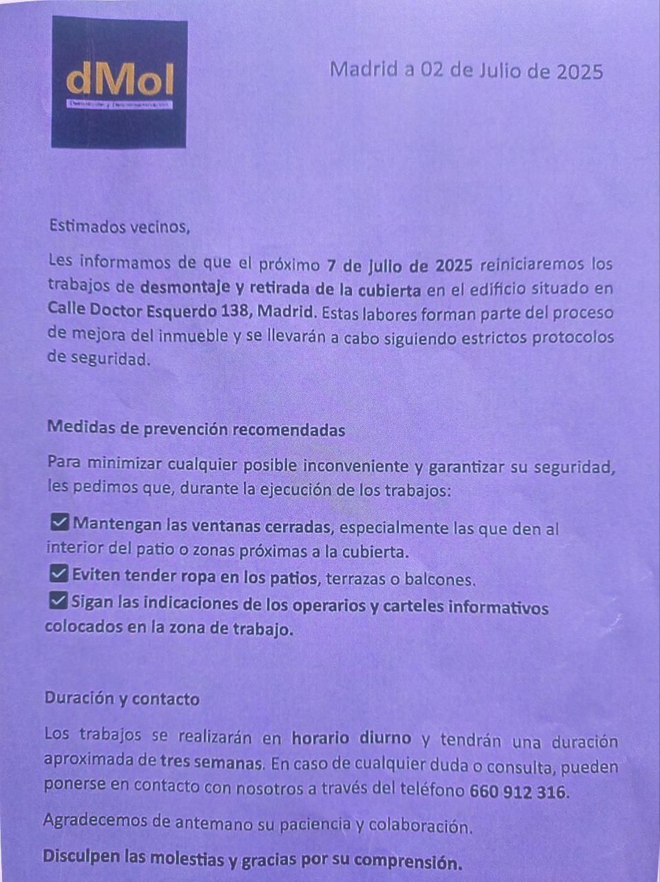 Comunicación difundida a vecinos del entorno de la supermanzana sobre los trabajos de desamiantado por parte de la empresa responsable.