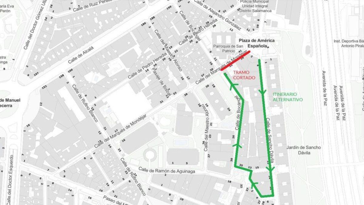 Itinerarios alternativos al primer corte al tráfico para la construcción de Parque Ventas, en Marqués de Mondéjar