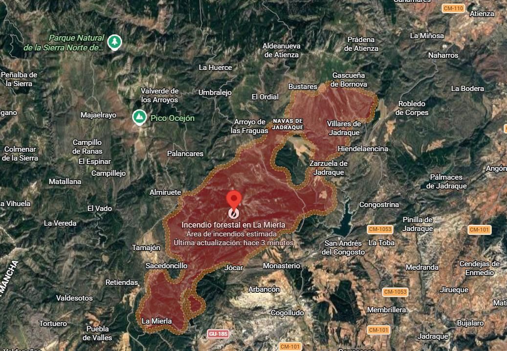 elDiario.es Área estimada del incendio de La Mierla (Guadalajara) pasadas las 13.45 horas del 19 de julio de 2026
