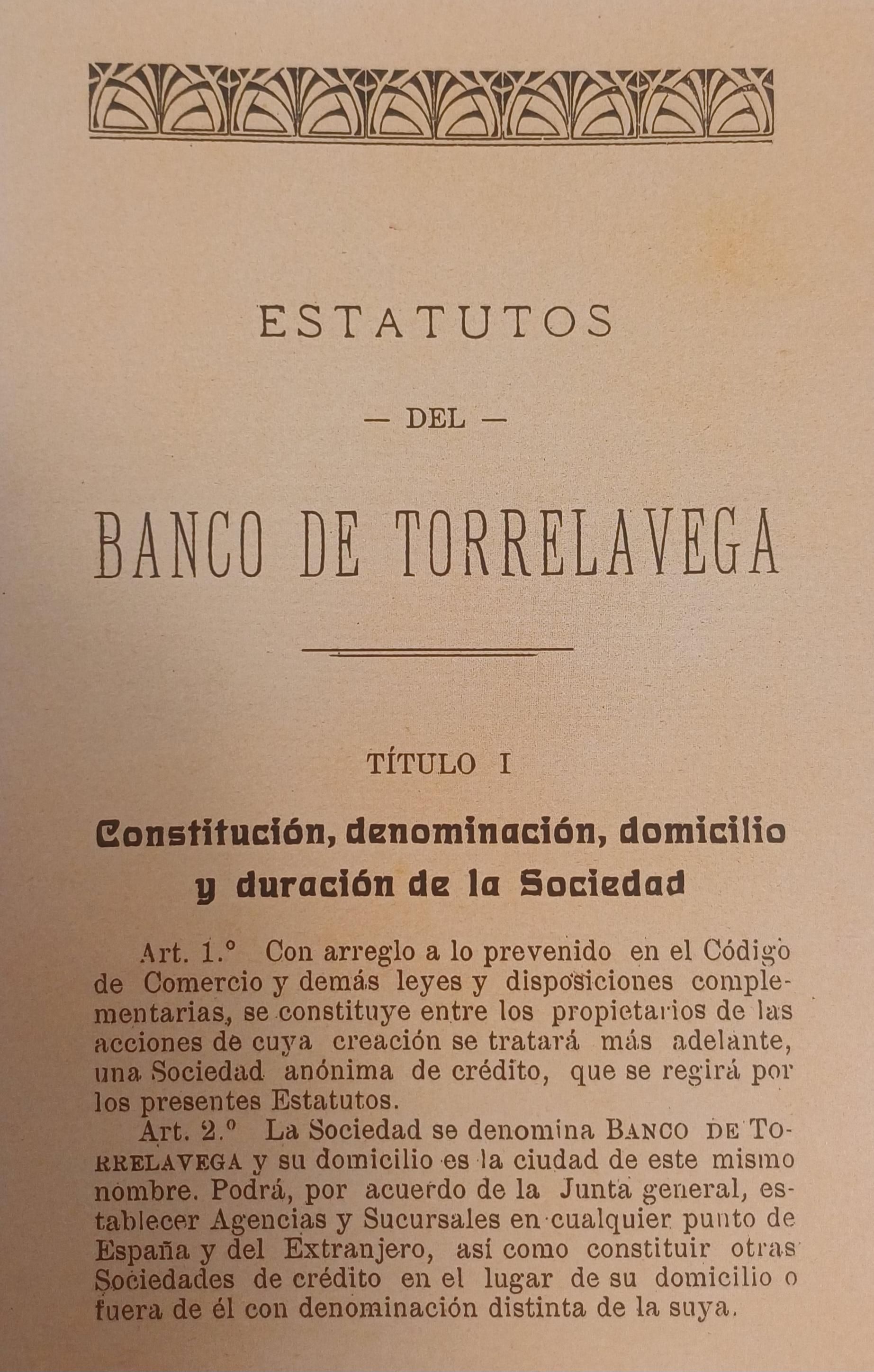 Estatutos del Banco de Torrelavega que reproduce el libro de Tomás Bustamante.