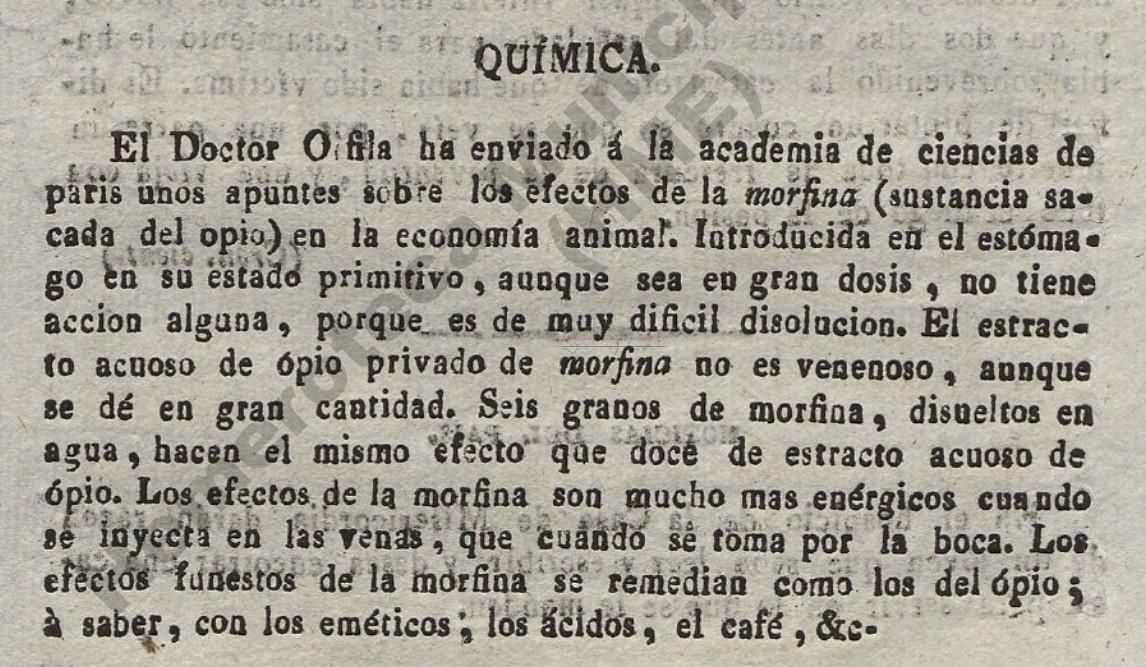 Artículo publicado el 25 de marzo de 1819 por 'Diario Balear' en el que informaba de los efectos de la morfina descritos por "el doctor Orfila"