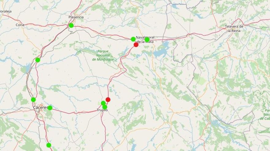 Mapa con las autovías alternativas a la cortada A-5. Desde Madrid sentido sur hay que tomar en Navalmoral de la Mata la EX-A1 sentido Plasencia, luego la A-66 hacia Cáceres (desde donde se puede acceder a Trujillo y la A-5 por la A-58), y Mérida, donde se retoma la A-5 ya sea rumbo Badajoz/Portugal, o se sigue por la A-66 sentido Sevilla. Los trayectos Badajoz/Sevilla hacia Madrid conviene hacerlos de forma contraria, por Mérida a Cáceres, Plasencia y Navalmoral.