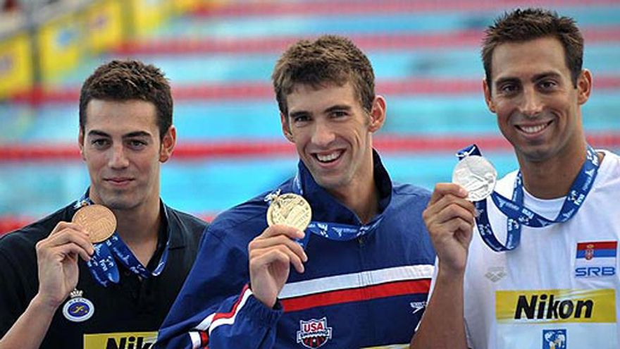 Rafa Muñoz, junto a Michael Phelps y Milorad Cavic