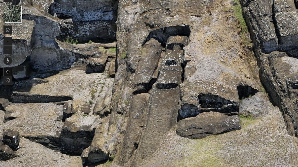 Otra captura de pantalla del mapa 3D interactivo de la cantera de moáis de la Isla de Pascua.