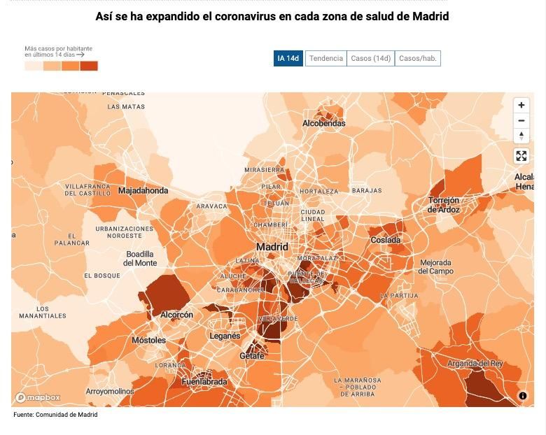 Así se ha expandido el coronavirus en cada zona de salud de Madrid