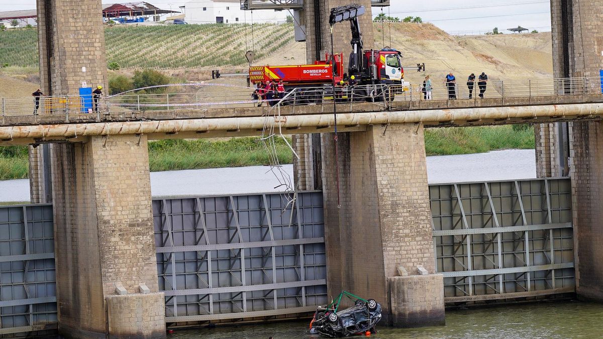 Momento en el que los bomberos logran sacar a la superficie el vehículo que se ha precipitado al río en Alcalá del Río y cuyo conductor ha fallecido.