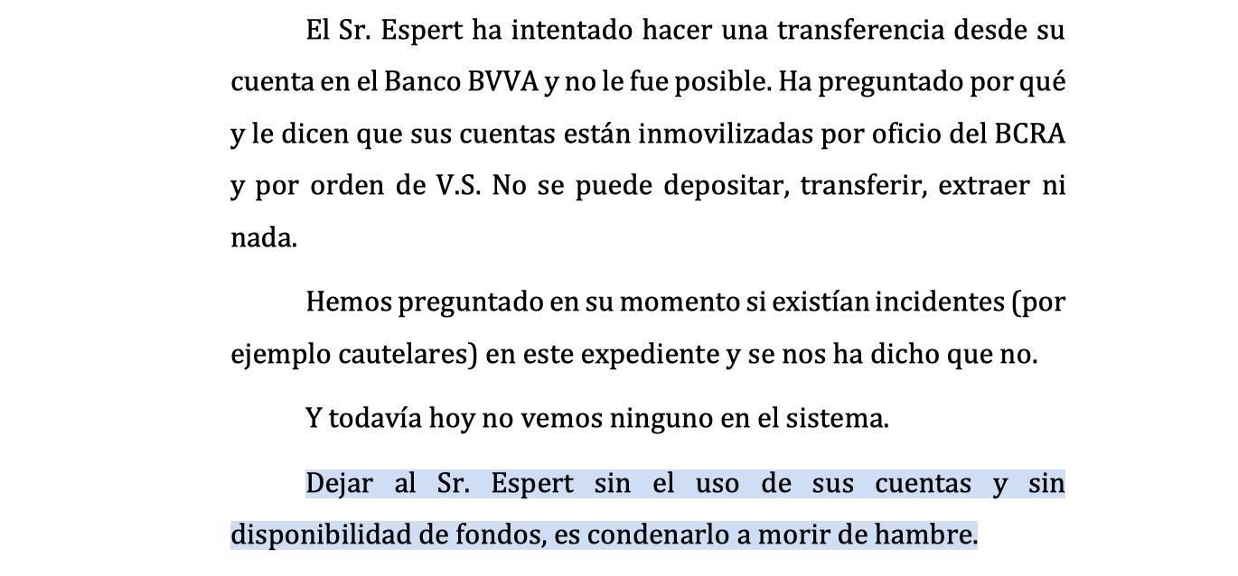 Un extracto del reclamo presentado por Espert.