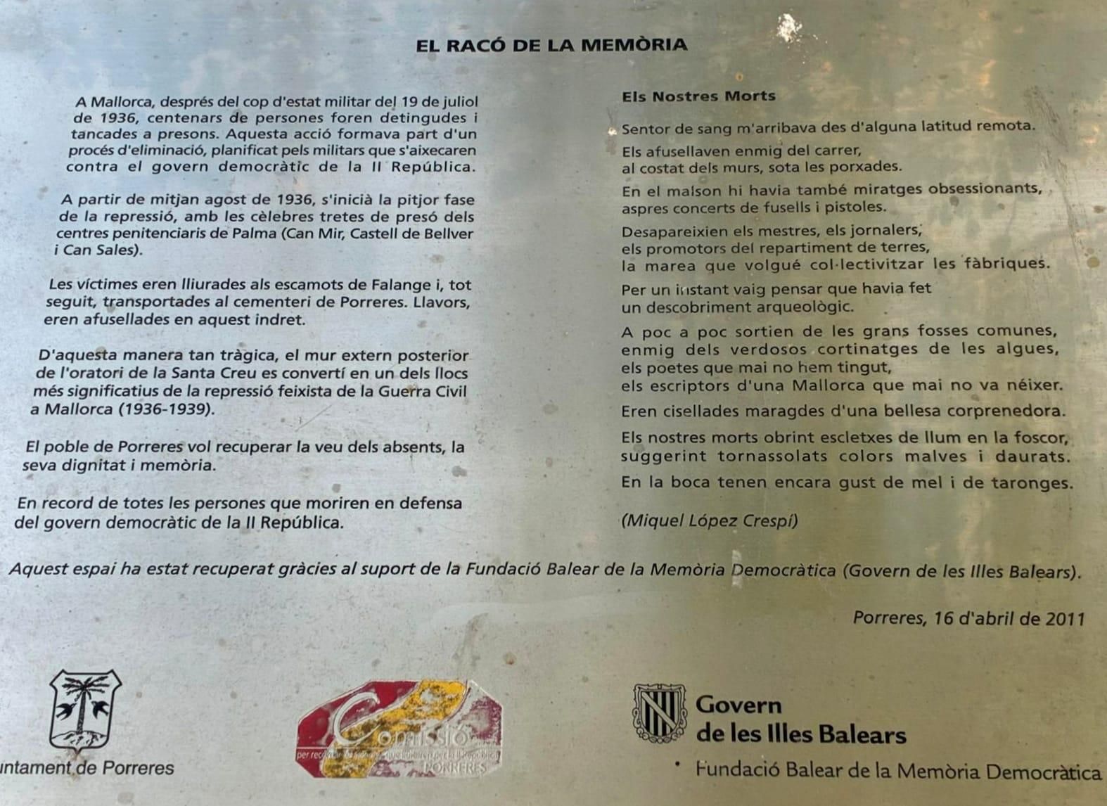 Placa instal·lada el 2011 al Racó de la Memòria de Porreres (Mallorca), recuperat amb el suport de l'extinta Fundació Balear de la Memòria