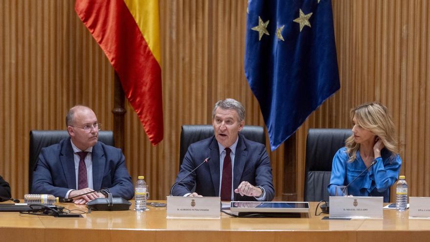 El líder del PP, Alberto Núñez Feijóo, durante un acto sobre la Constitución junto a su portavoz parlamentario, Miguel Tellado, y a la diputada Cayetana Álvarez de Toledo.
