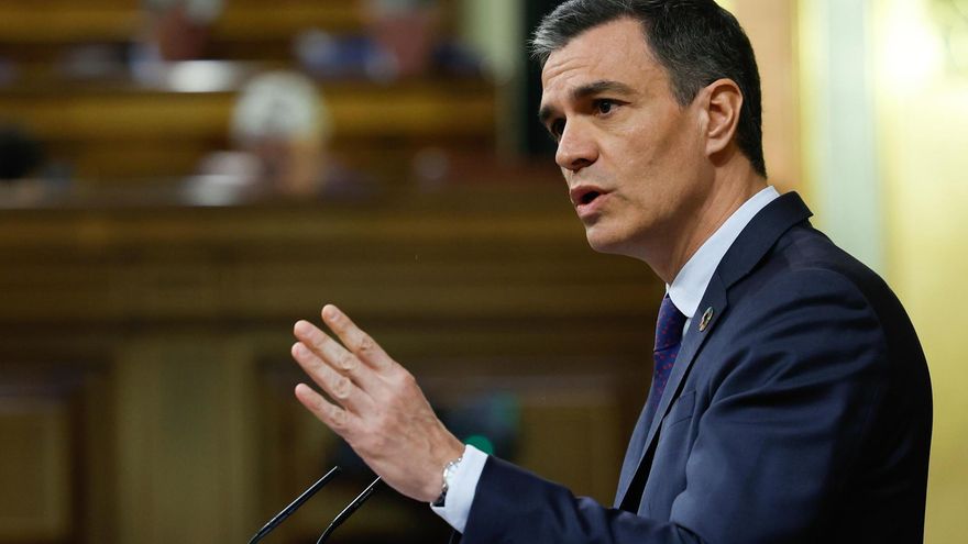 El presidente del Gobierno, Pedro Sánchez (i), interviene durante la segunda y última jornada del debate de la moción de censura que impulsa Vox, con Ramón Tamames de candidato.